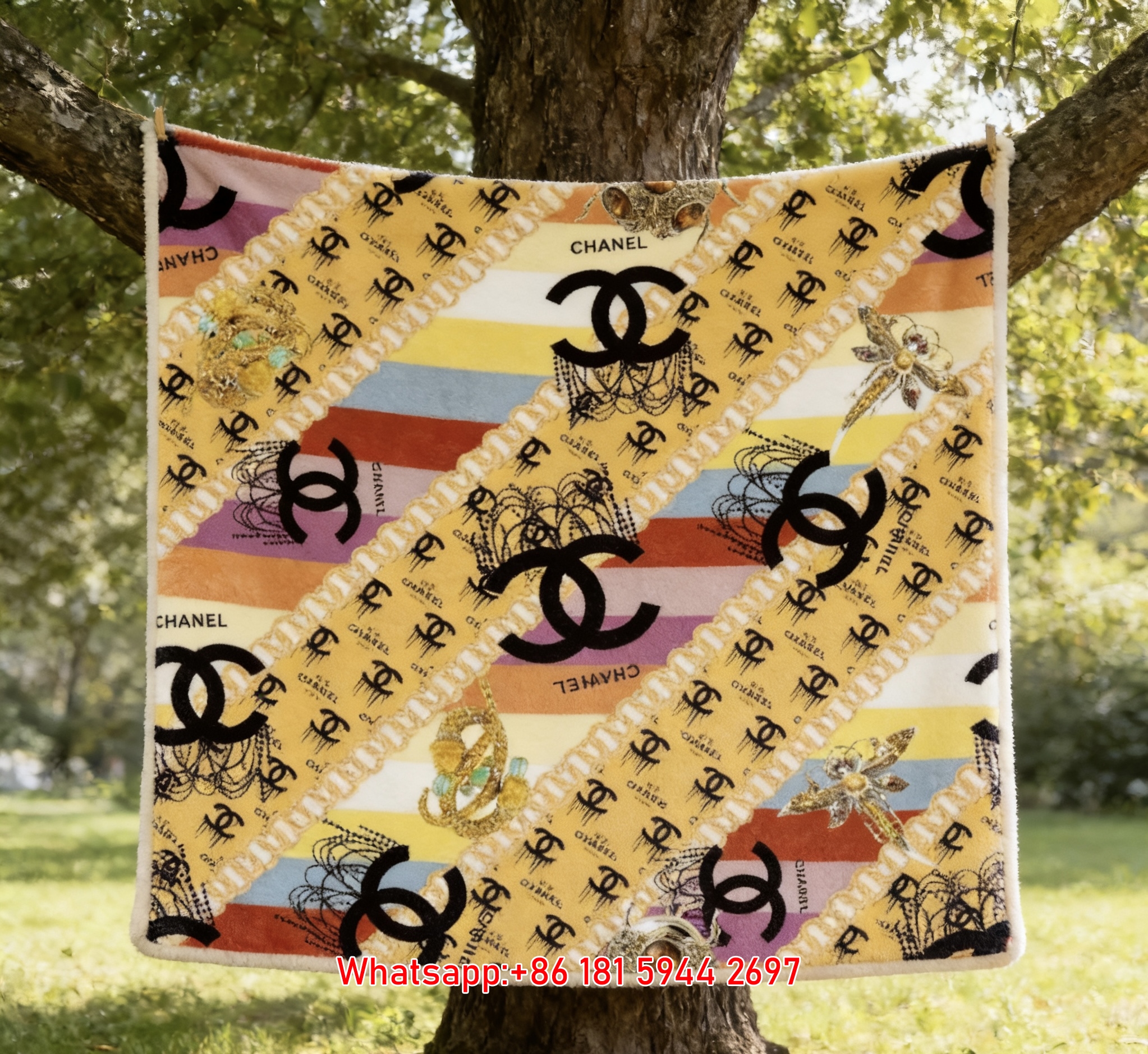 Chanel Yellow Stripe CC Logo Flannel Sofa Throw Blanket IMG_6848